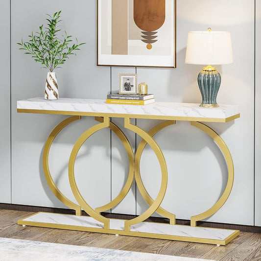 Tribesigns Gold Console Table, 55 inch Modern Entryway Table with Geometric Metal Frame, Faux Marble Narrow Long Sofa Table for Living Room, Entrance, Hallway, White and Gold