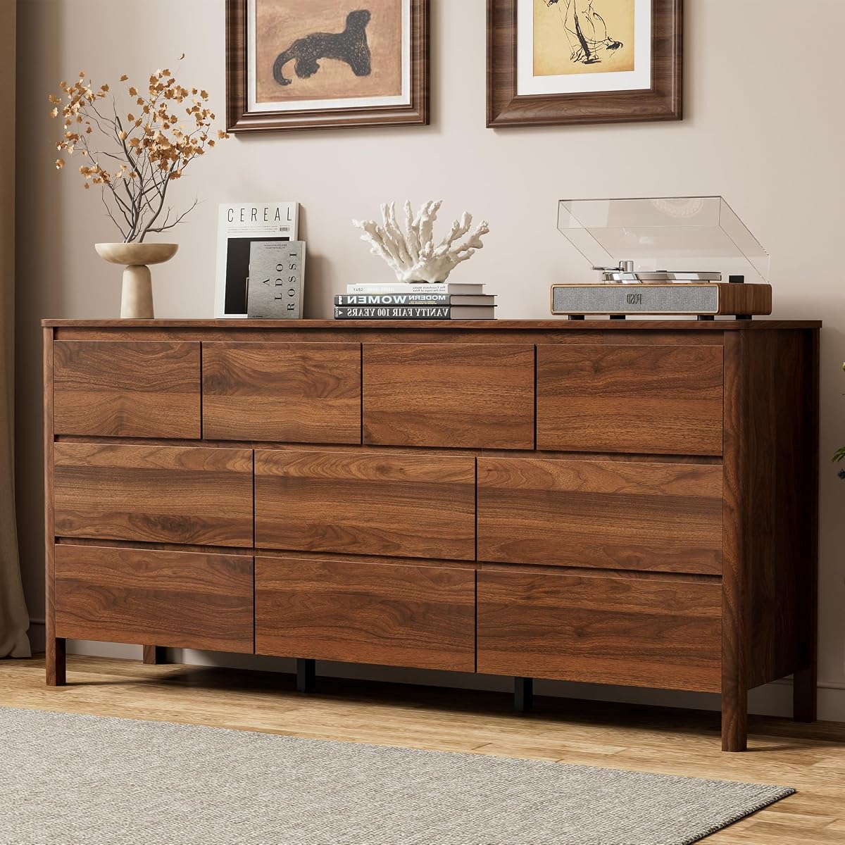 63.1" Wide 10 Drawer Wood Dresser for Bedroom with Legs, Walnut