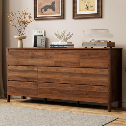 63.1" Wide 10 Drawer Wood Dresser for Bedroom with Legs, Walnut