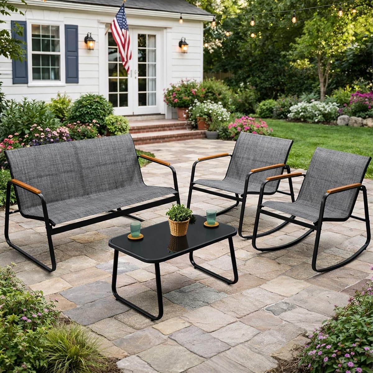 4-Piece Outdoor Patio Furniture Set with Textilene Chairs, Metal Conversation Set, Tempered Glass Coffee Table, Powder-Coated Steel Frame for Garden, Poolside, Backyard Gray