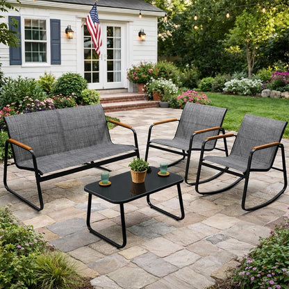 4-Piece Outdoor Patio Furniture Set with Textilene Chairs, Metal Conversation Set, Tempered Glass Coffee Table, Powder-Coated Steel Frame for Garden, Poolside, Backyard Gray