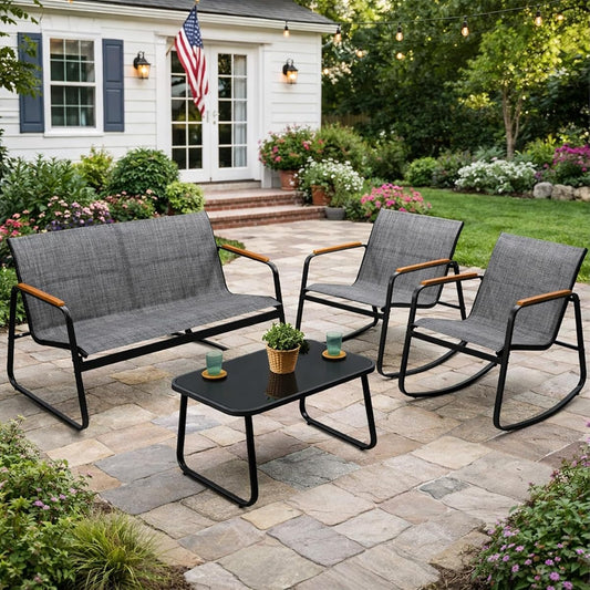 4-Piece Outdoor Patio Furniture Set with Textilene Chairs, Metal Conversation Set, Tempered Glass Coffee Table, Powder-Coated Steel Frame for Garden, Poolside, Backyard Gray