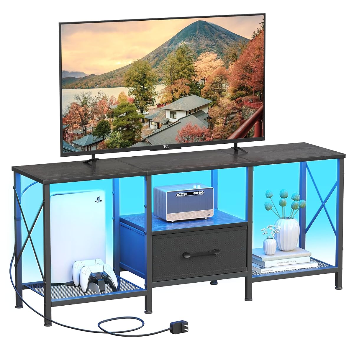 LED TV Stand with Fabric Drawer, Entertainment Center for 50 55 Inch TV