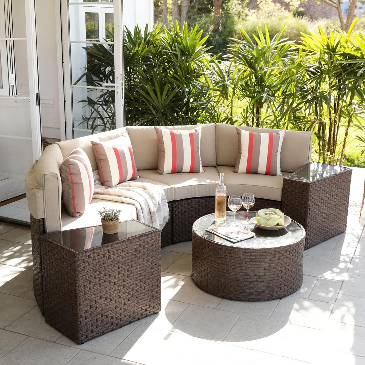 Outdoor 7-Piece Half-Moon Sectional Furniture Set with Round Coffee Table, Patio Curved Sofa Set, Beige Cushion and Brown Wicker, Incl. Waterproof Cover
