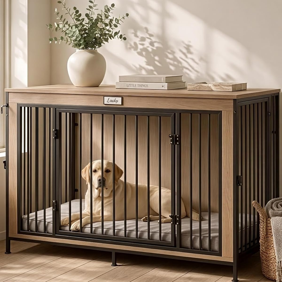 48" XL Dog Crate Furniture for Large Dogs, Farmhouse Light Oak Wood Dog Kennel
