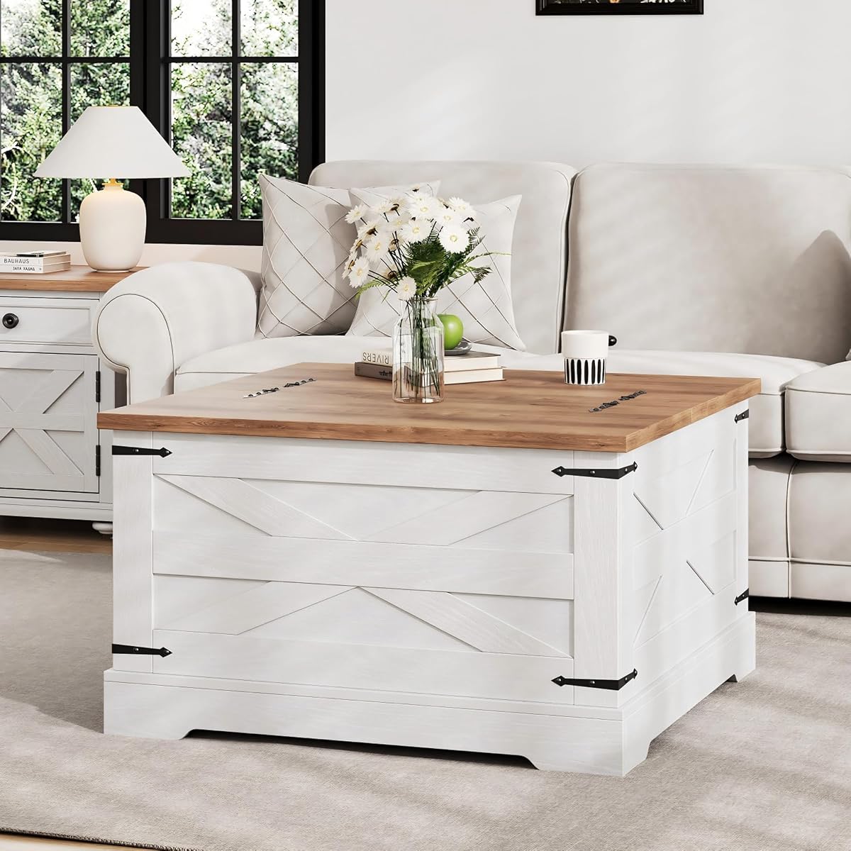 BestHaped Farmhouse Coffee Table with Hidden Storage, White Square Coffee Table for Living Room, Wood Large Center Table with Hinged Lift Top for Home, Office