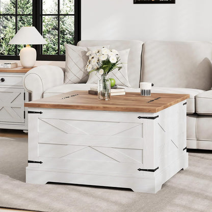 BestHaped Farmhouse Coffee Table with Hidden Storage, White Square Coffee Table for Living Room, Wood Large Center Table with Hinged Lift Top for Home, Office