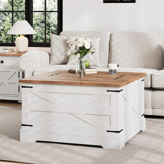 BestHaped Farmhouse Coffee Table with Hidden Storage, White Square Coffee Table for Living Room, Wood Large Center Table with Hinged Lift Top for Home, Office
