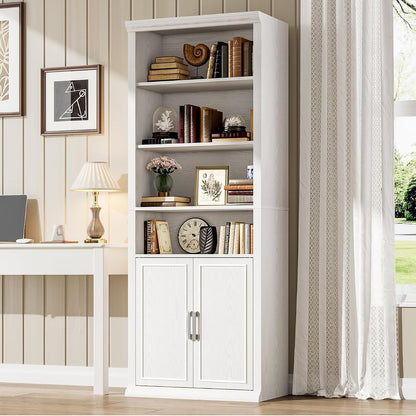 28" W Bookcase and Bookshelf with Doors, Modern Tall Bookshelf 6-Tier White Bookshelves with Storage Cabinet for Office, Living Room, Library