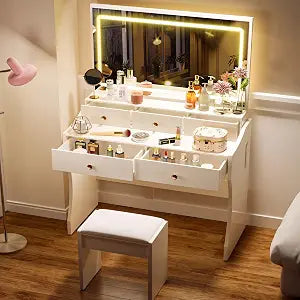 Vanity Desk with LED Lights Mirror & Power Outlet, view 2