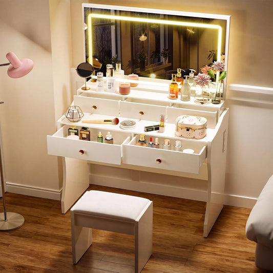 Vanity Desk with LED Lights Mirror & Power Outlet