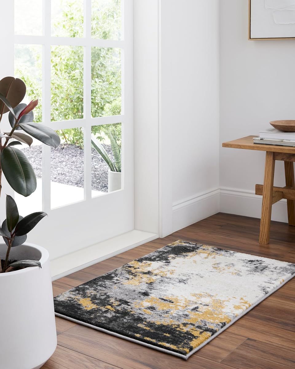 Area Rugs - 2x3 Pepin Modern Abstract Black Rug for Living Room Bedroom - Small Charcoal Gray Mustard Boho Stain Resistant Carpet for Entryway, Kitchen and Office (2' x 3')
