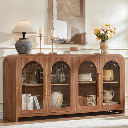 65" Sideboard Buffet Cabinet with Arched Glass Doors, Brown