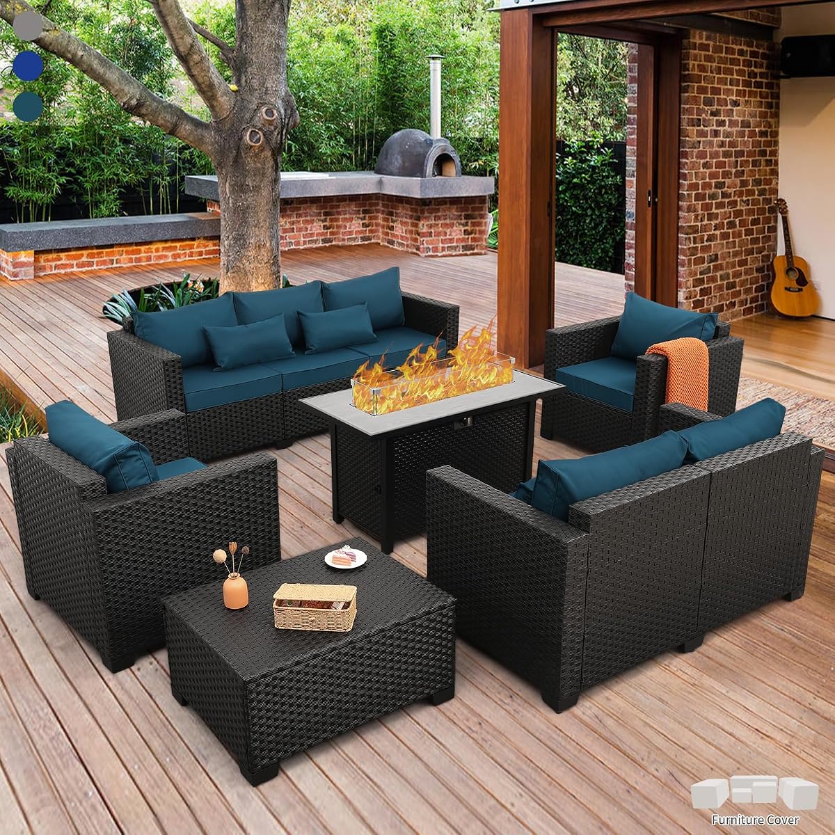 Patio Furniture Set with 45In Fire Pit 6 Pieces Outdoor Furniture Sets Patio Couch Outdoor Chairs 60000 BTU Steel Propane Fire Pit Table No-Slip Cushions and Waterproof Covers, Peacock Blue