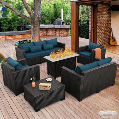 Patio Furniture Set with 45In Fire Pit 6 Pieces Outdoor Furniture Sets Patio Couch Outdoor Chairs 60000 BTU Steel Propane Fire Pit Table No-Slip Cushions and Waterproof Covers, Peacock Blue
