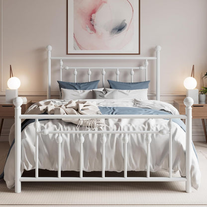Metal Platform Bed Frame with Victorian Headboard and White Steel Slats