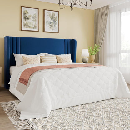 Queen Velvet Upholstered Bed Frame, Wingback Headboard, Blue