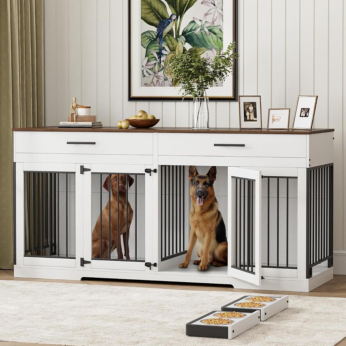 72" Double Dog Crate Furniture with Drawers and Divider, White