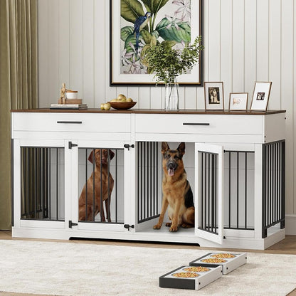 72" Double Dog Crate Furniture with Drawers and Divider, White