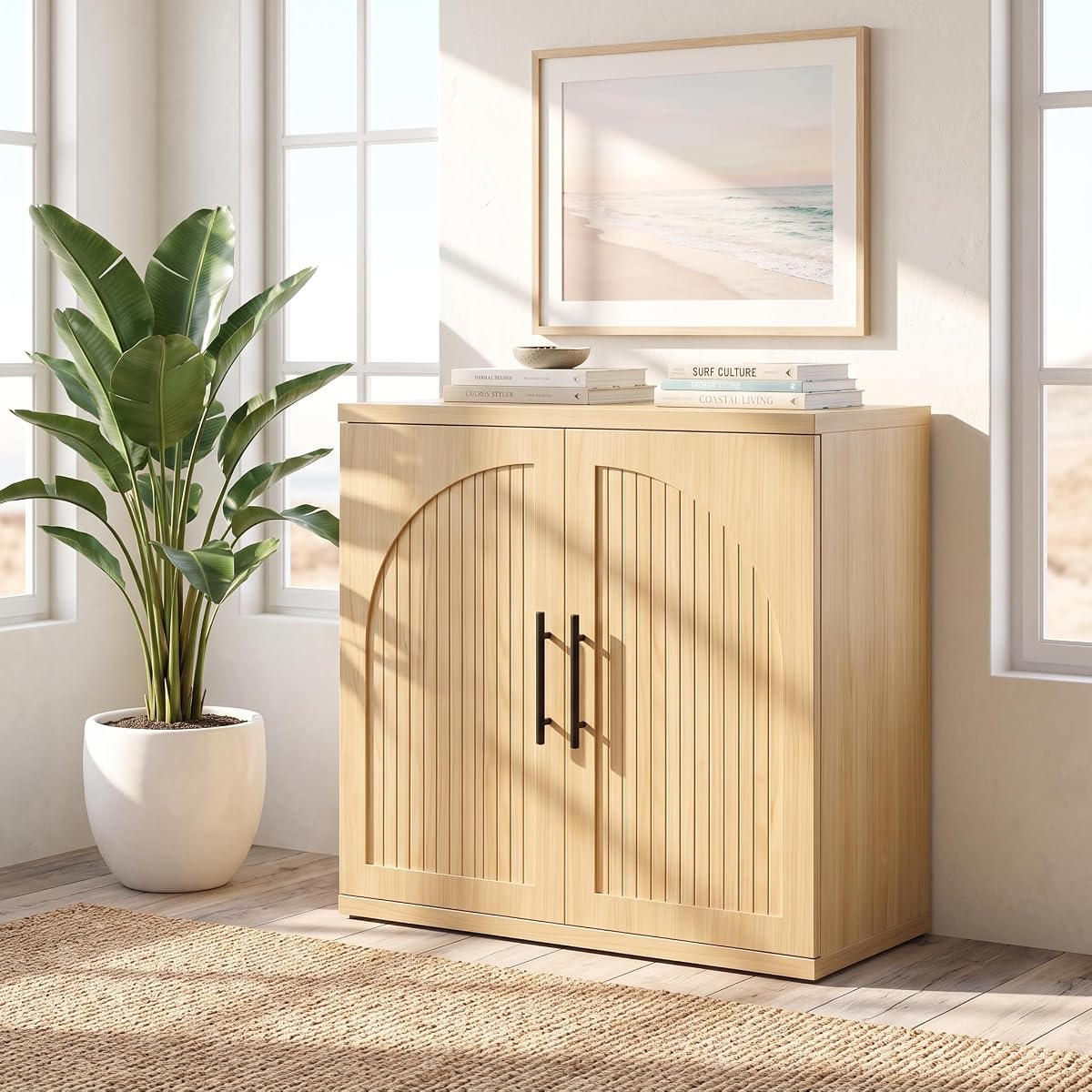 31.5" Fluted Oak Buffet Cabinet Sideboard with Storage