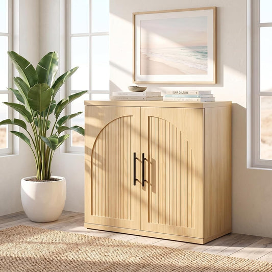 31.5" Fluted Oak Buffet Cabinet Sideboard with Storage