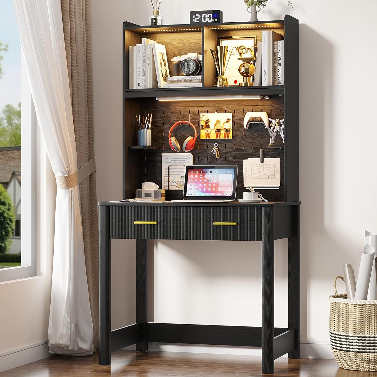 Small Study Desk with Drawers and Reading Lights for Compact Space