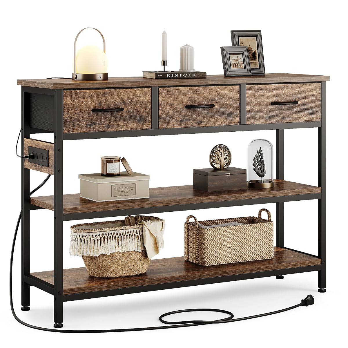 Entryway Table with Outlets, 3 Fabric Drawers, 43 in Console Table | 43.3"W x 11.8"D entry table with 2 outlets, 2 USB ports, swappable plug side, adjustable feet and anti-tip kit.