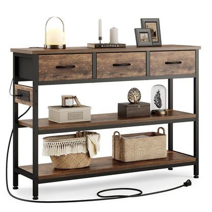 Entryway Table with Outlets, 3 Fabric Drawers, 43 in Console Table | 43.3"W x 11.8"D entry table with 2 outlets, 2 USB ports, swappable plug side, adjustable feet and anti-tip kit.