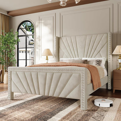 Queen Bed Frame 55" Velvet Upholstered Platform Bed, Art Deco, Cream White