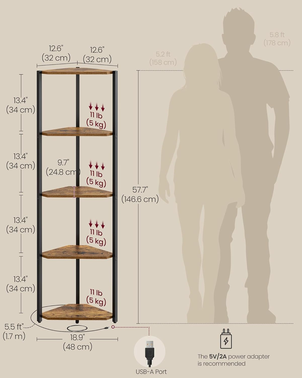 Corner Shelf Stand with LED Lights, 5-Tier Corner Bookshelf, Storage Shelf with Steel Frame, 9.8 X 18.9 X 57.7 Inches, for Living Room, Bedroom, Study, Rustic Brown ULBC590K01