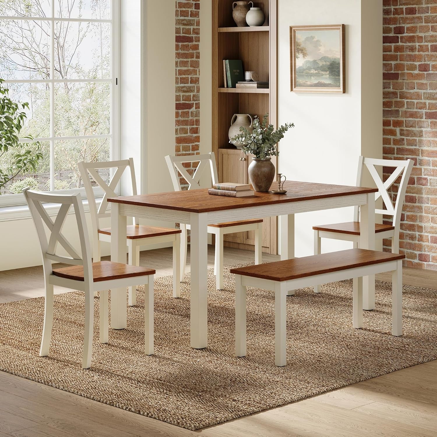 6-Piece Farmhouse Dining Table Set, 59" Wooden Table with 4 Chairs & Bench, Kitchen & Dining Room Set for 6, Space-Saving Rustic Dining Set, Walnut & Beige