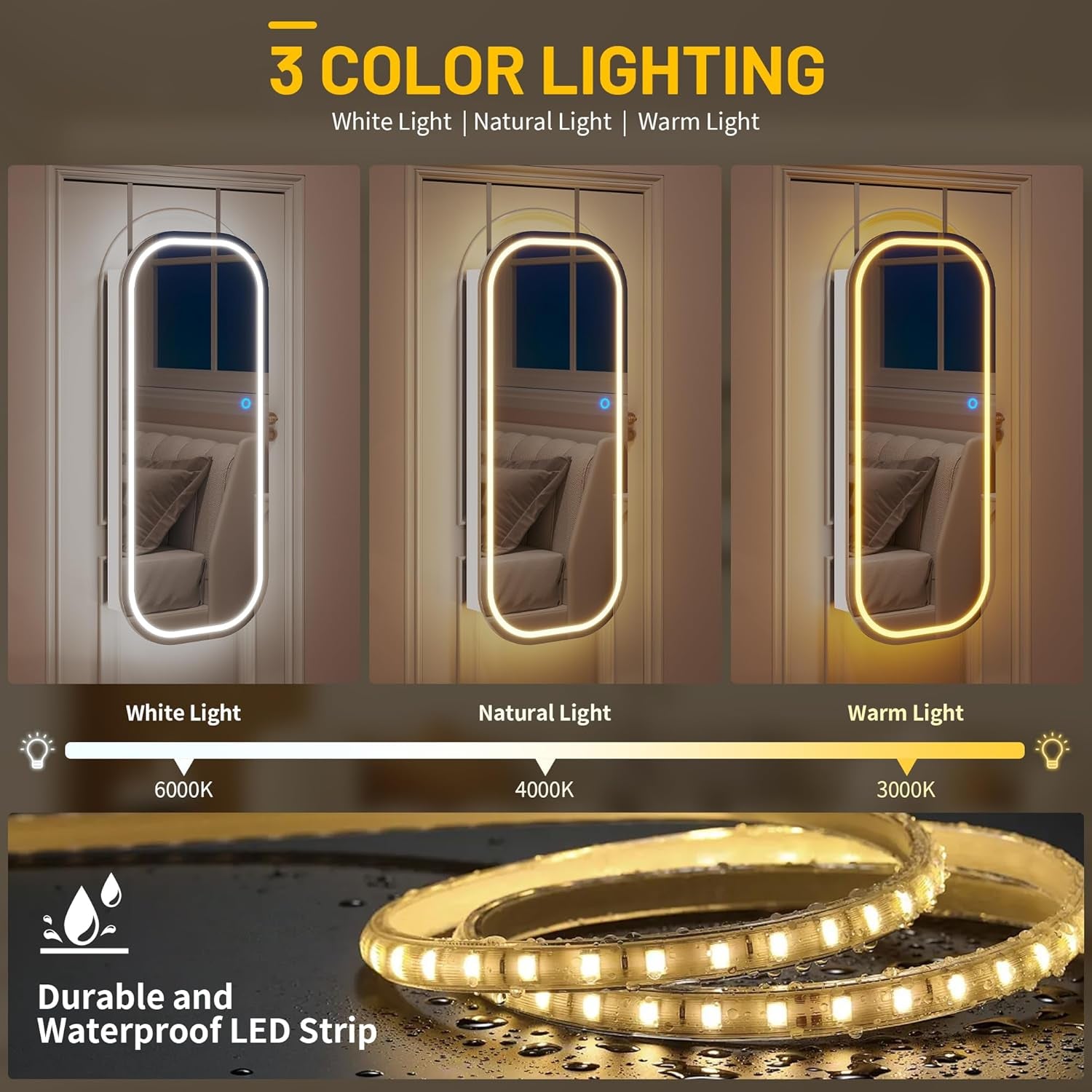 LED Lights Mirror Jewelry Cabinet, Wall Mount/Over the Door Jewelry Armoire Organizer, 42" Full Length Mirror with Storage, Built-In Makeup Mirror, Lockable Mirror Cabinet for Jewelry, White