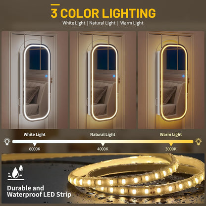 LED Lights Mirror Jewelry Cabinet, Wall Mount/Over the Door Jewelry Armoire Organizer, 42" Full Length Mirror with Storage, Built-In Makeup Mirror, Lockable Mirror Cabinet for Jewelry, White