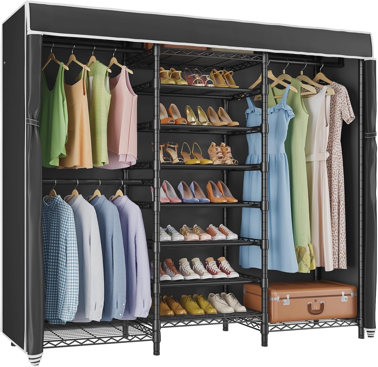 S3C Heavy Duty Portable Closet with Adjustable Shoe Rack Wire Shelf, Large Wardrobe Organizer for Bedroom Storage, Freestanding Clothes Rack with Hanging Rod, Custom Black Rack with Black Cover