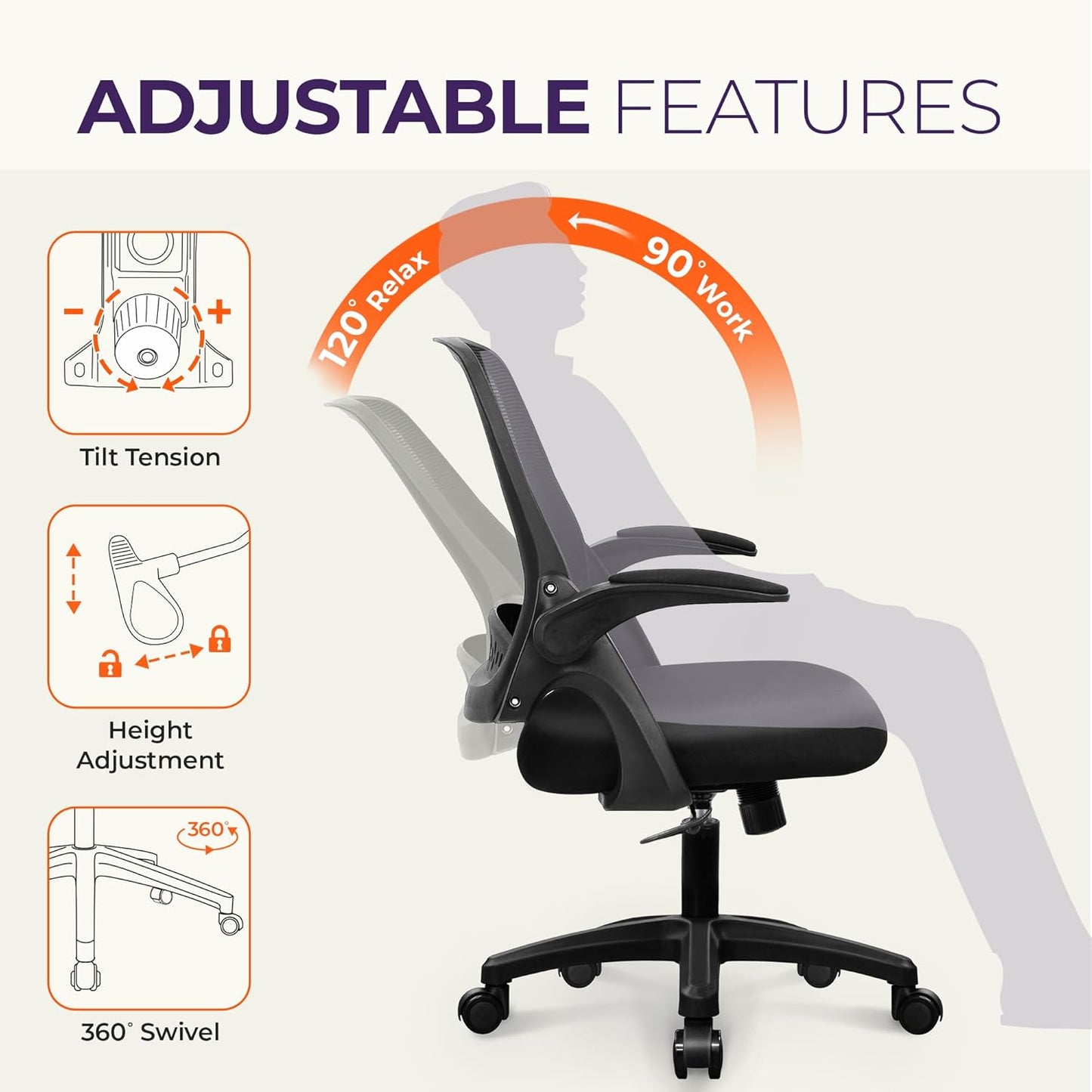 Office Desk Computer Gaming Ergonomic Chair with Lumbar Back Support Adjustable Height Swivel Wheels Flip-Up Arms Mesh Chair for Home or Office (Black)