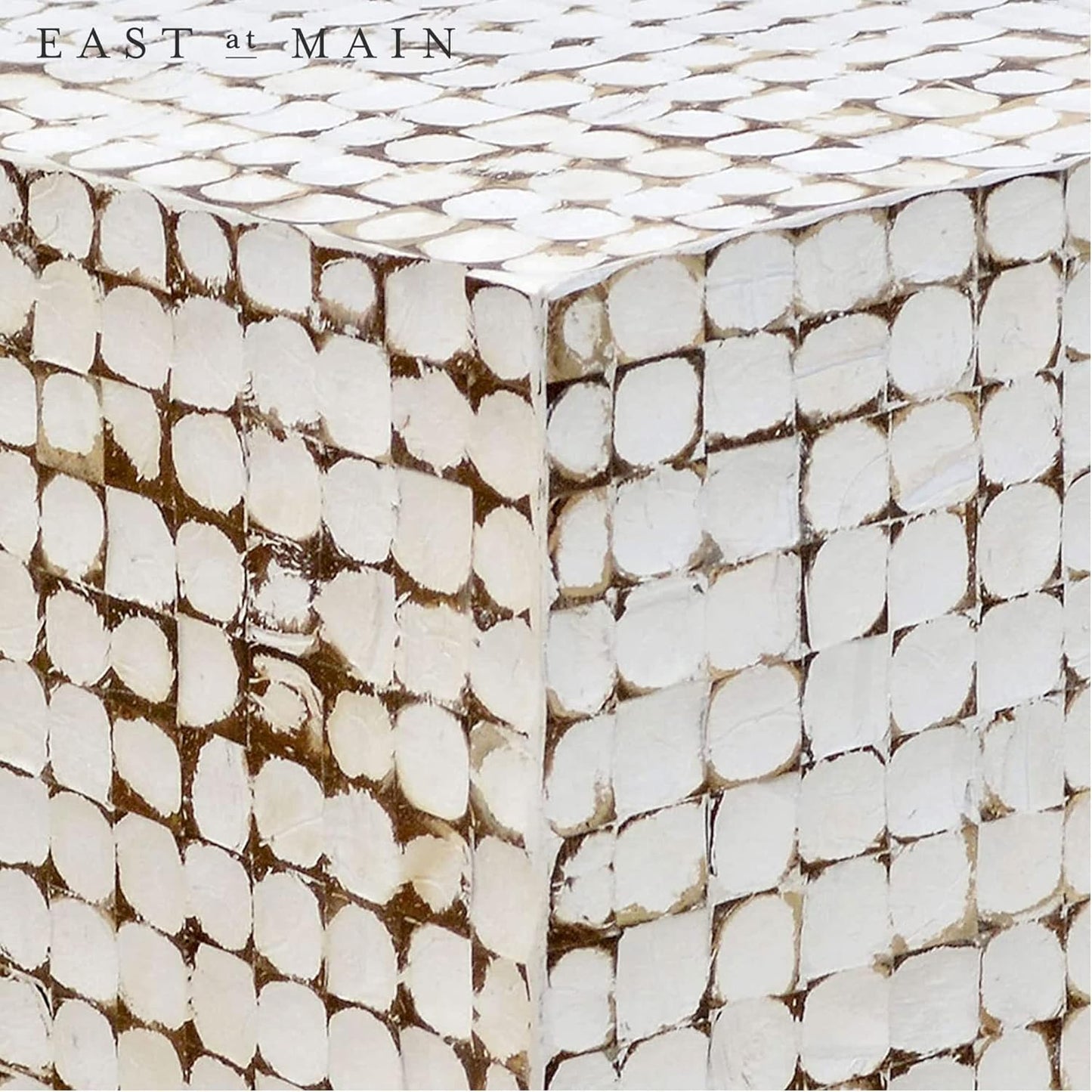 round Side Table - Real Coconut Shell Mosaic Inlaid, Pre-Assembled, Natural Wood and Patina Finish (White/Square)