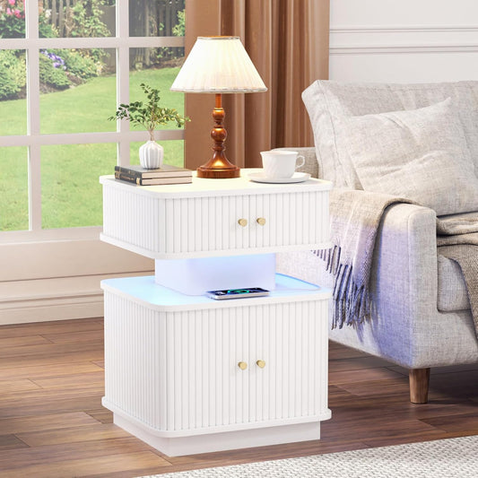 LED Light End Table with Charging Station, White Mid Century Bedside Table with USB Type a C Ports, Small Fluted Accent TV Control Nightstand with 2 Sliding Door for Living Room, Curvy Edge