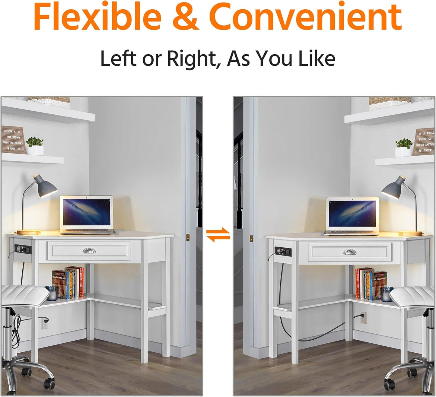 L Shaped Corner Computer Desk with Power Outlets, Reversible Triangle Workstation with USB Ports and Hook for Small Space, Modern Home Office Desk Gaming Table with Drawer & Shelf, White