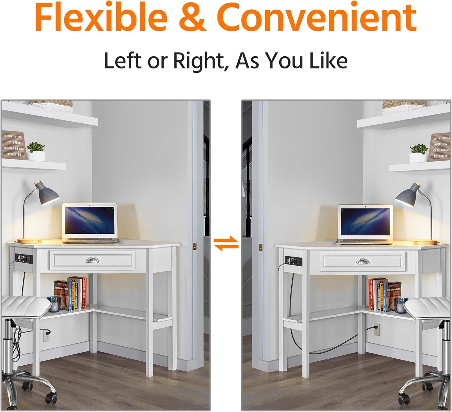 L Shaped Corner Computer Desk with Power Outlets, Reversible Triangle Workstation with USB Ports and Hook for Small Space, Modern Home Office Desk Gaming Table with Drawer & Shelf, White