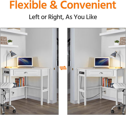 L Shaped Corner Computer Desk with Power Outlets, Reversible Triangle Workstation with USB Ports and Hook for Small Space, Modern Home Office Desk Gaming Table with Drawer & Shelf, White