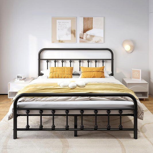 Metal Bed Frame,Queen Size Bed Frame with Headboard,Structurally Stable, Heavy Duty Steel Slat Supported,Under Bed Storage,No Box Spring Needed,14 Inch,Black