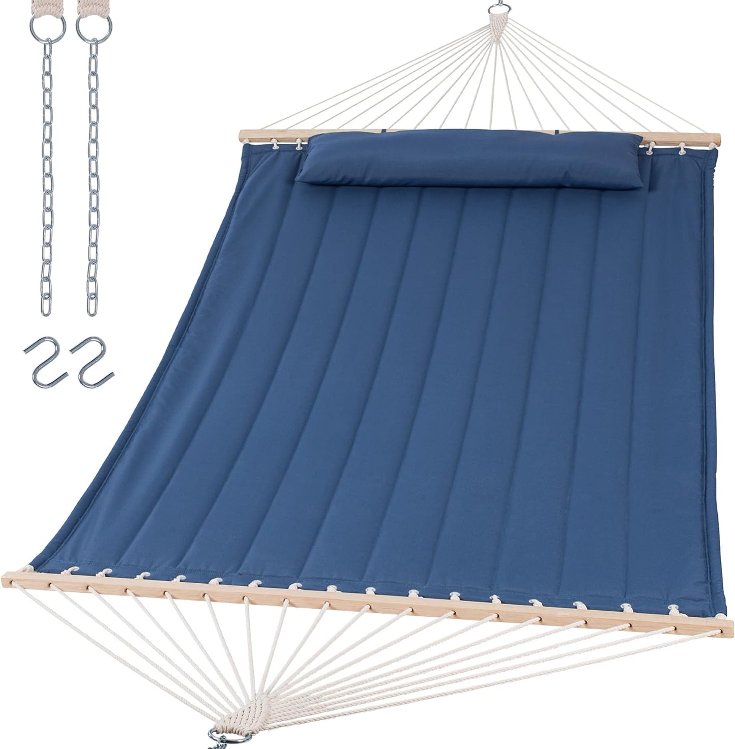 Double Outdoor Hammock with Hardwood Spreader Bar, Extra Large Pillow, 475 Lbs Capacity, Heavy Duty 2 Person Hammock, Blue