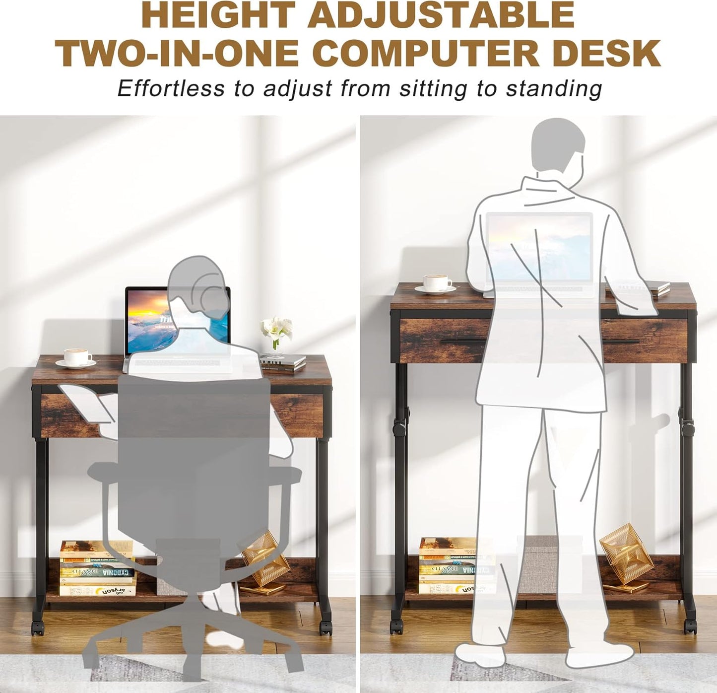 Portable Desk with Drawers, Mobile Laptop Desk with Wheels, Sofa Side Table Small Portable Standing Rolling Table for Home Office