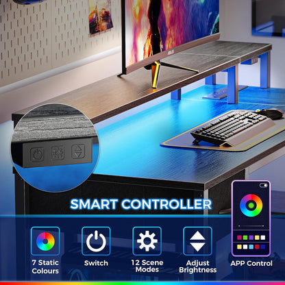 53 Inch Reversible L Shaped Desk with LED Lights & Power Outlets, Computer Desk with Shelves & Monitor Stand, Gaming Desk with Drawer, Home Office Desk Corner Desk, Grey