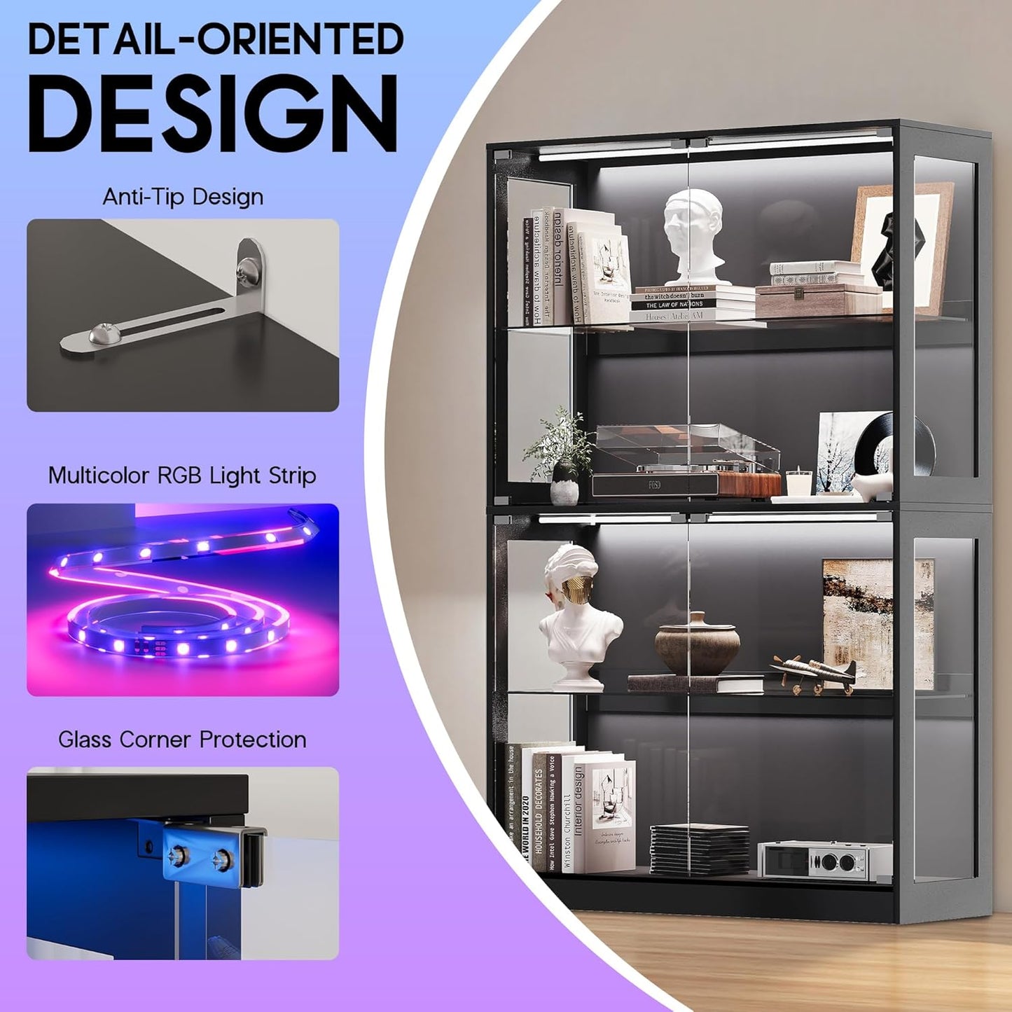 RGB Display Cabinet with Adjustable Glass Shelves, 4-Tier Storage Case with LED Lights & Press-To-Open Doors, Modern Display Shelf for Collectibles, Black 70" H×45" L×16" D