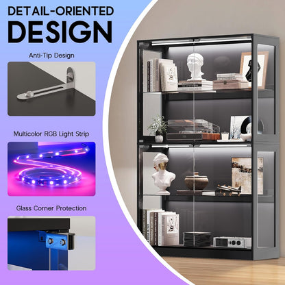 RGB Display Cabinet with Adjustable Glass Shelves, 4-Tier Storage Case with LED Lights & Press-To-Open Doors, Modern Display Shelf for Collectibles, Black 70" H×45" L×16" D