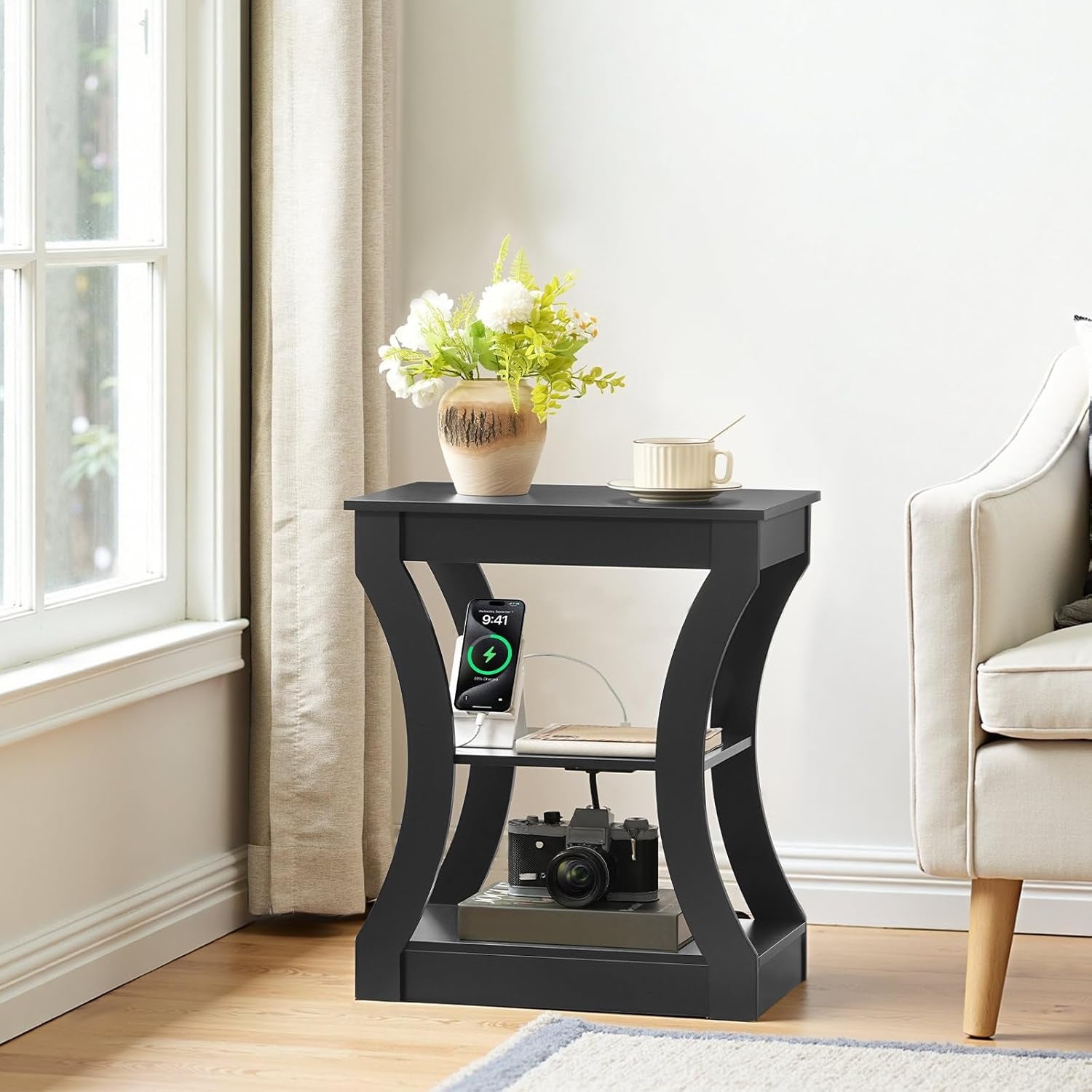 Black End Table Set of 2 with Charging Station, Skinny Side Table with USB Ports and Outlets, Nightstand, 3 Tier Bedside Table with Storage Shelf, Living Room, Bedroom, Small Space