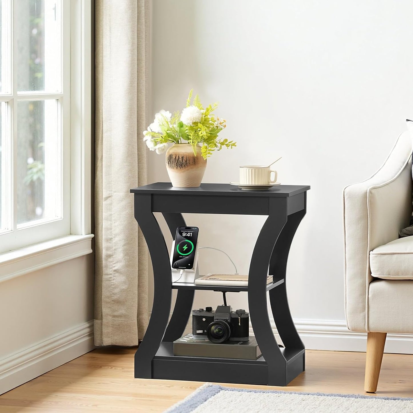 Black End Table with Charging Station, Skinny Side Table with USB Ports and Outlets, Nightstand, 3 Tier Bedside Table with Storage Shelf for Living Room, Bedroom, Small Space ETBK53E01