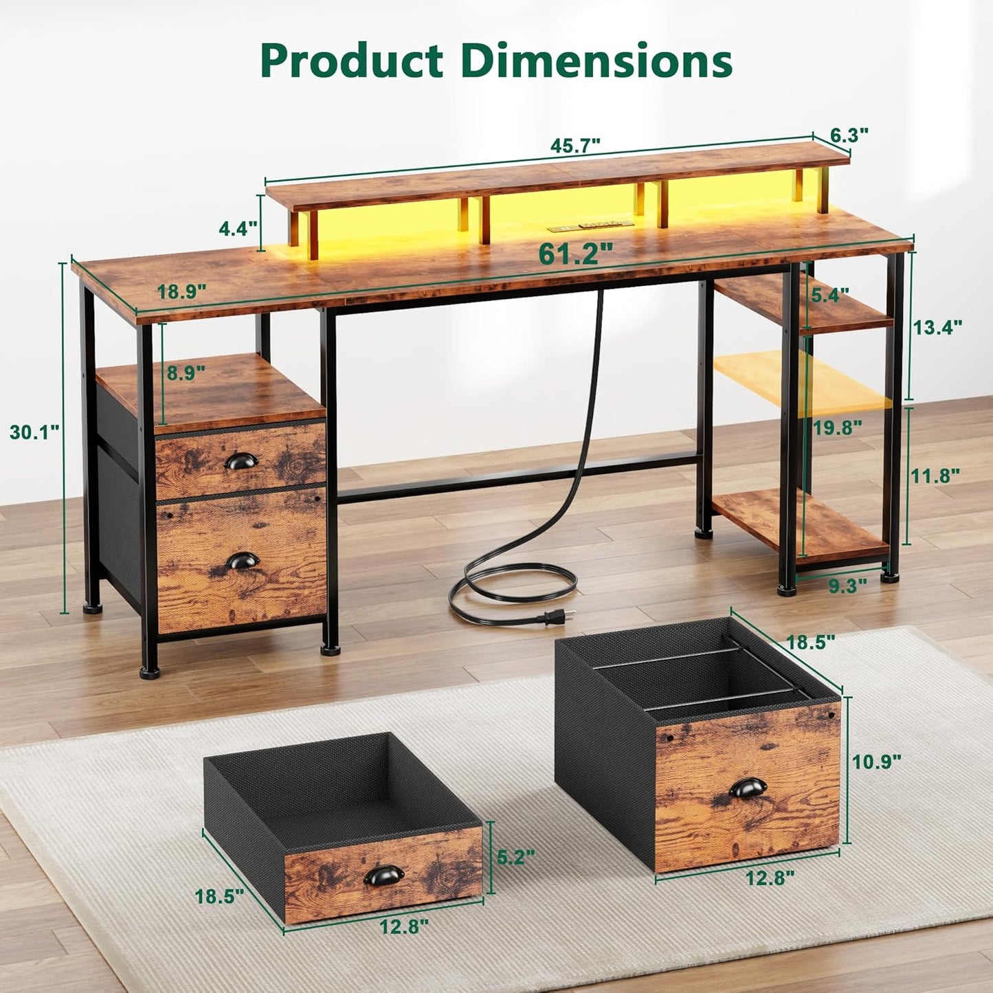 51" Computer Desk with Power Outlet and LED Lights, Reversible Home Office Desk with File Cabinet & Monitor Stand, Large Gaming Table with Storage Shelves & Drawer, Rustic Brown
