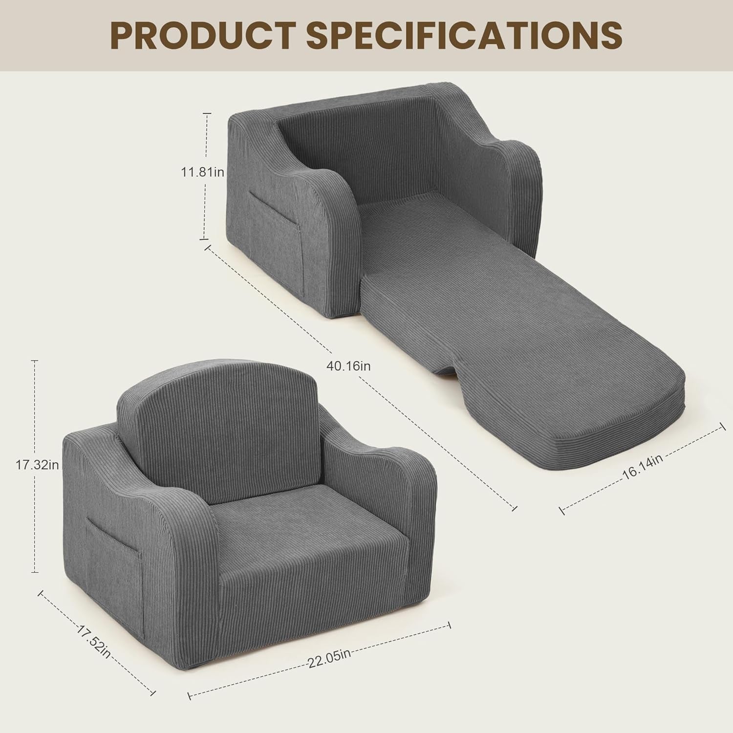 Comfy Toddler Chair for Kids, 2-In-1 Toddler Soft Plush Couch Fold Out, Convertible Kids Couch to Lounger, Baby Sofa for Boys and Girls,Grey